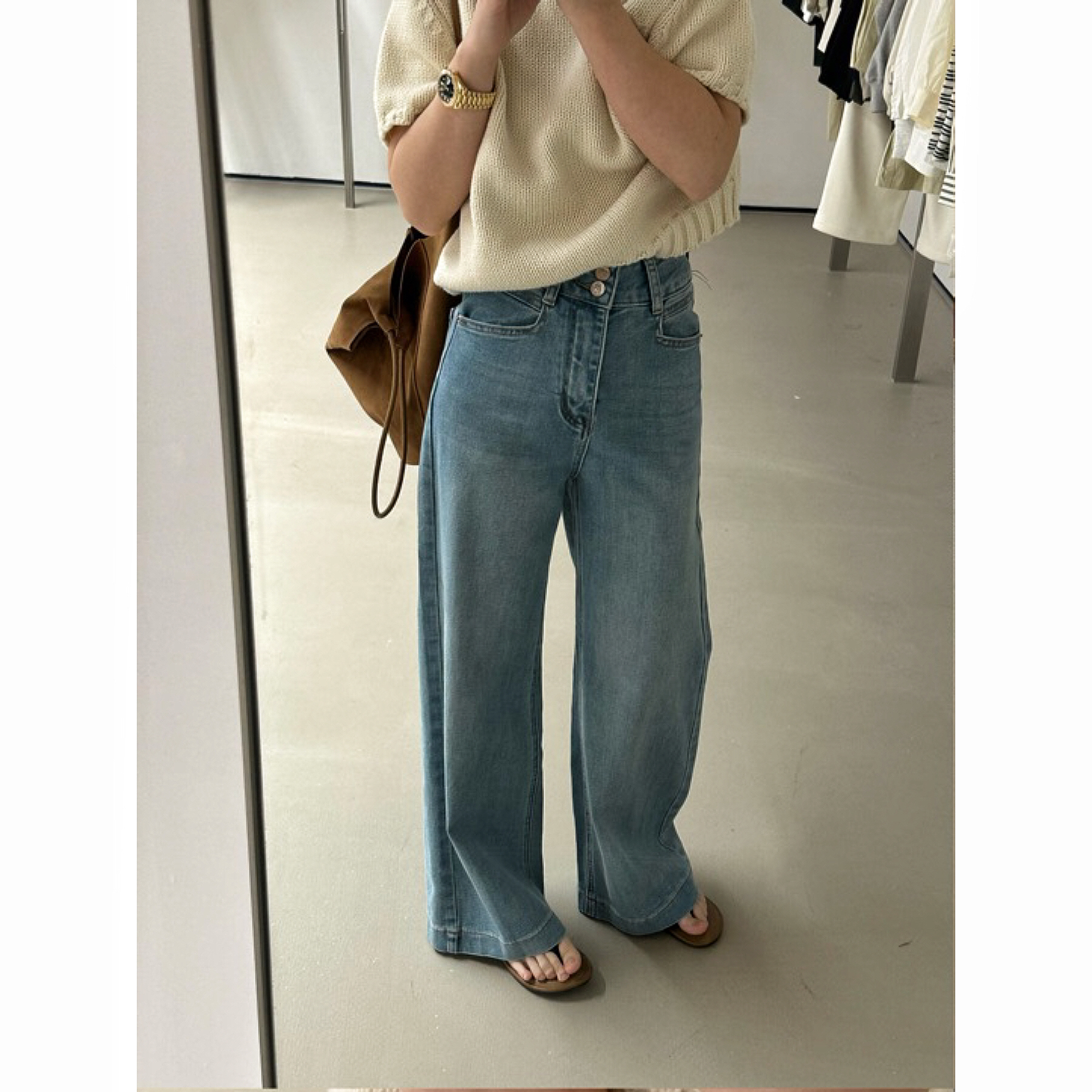 2025韩版春复古简约浅蓝色小狗刺绣牛仔阔腿裤