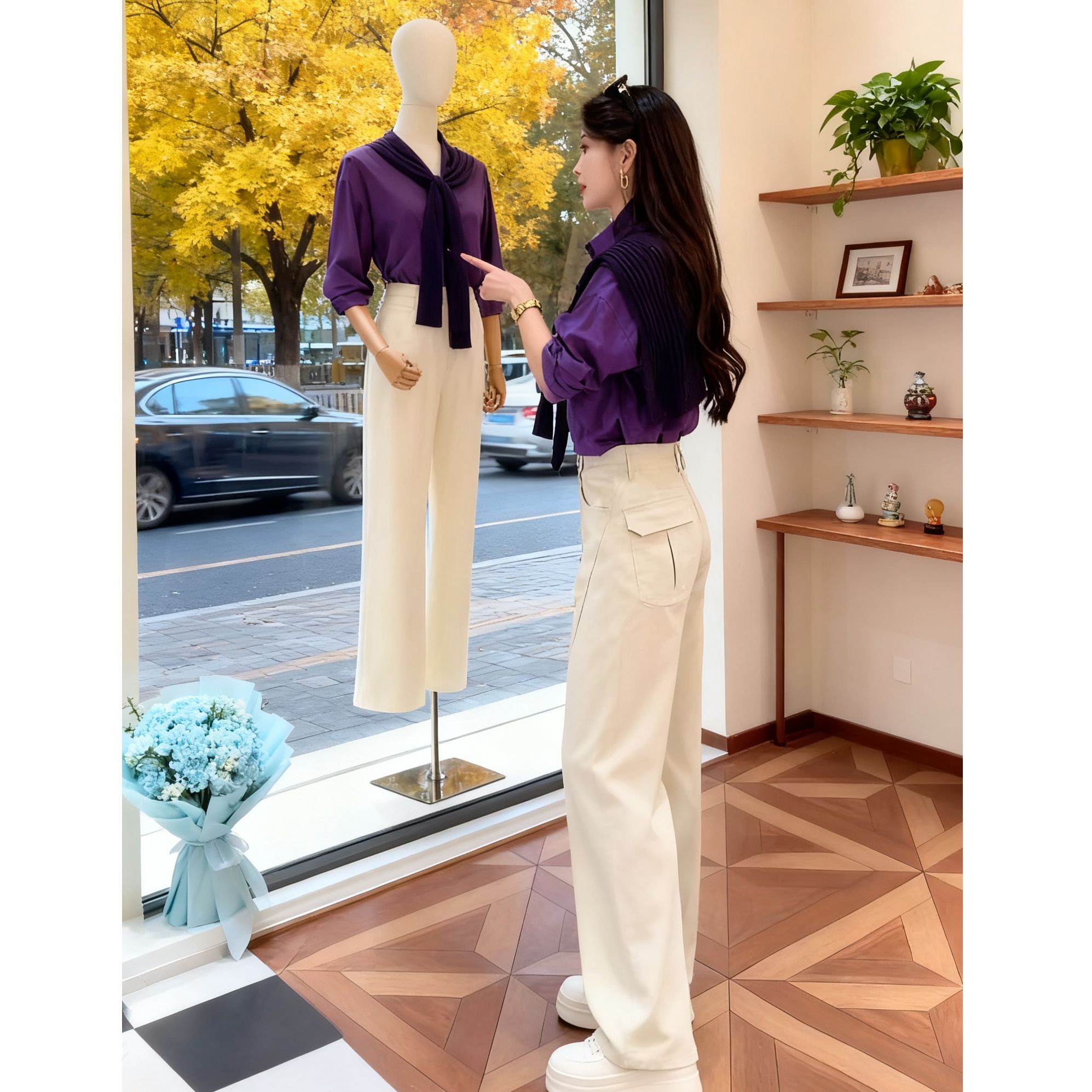 休闲风时尚套装女早秋新款长袖衬衣韩版气质披肩高腰休闲裤两件套