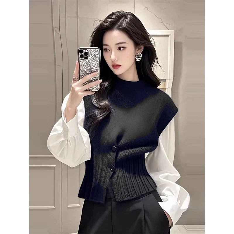 高级感针织马甲衬衫上衣两件套女士2025年春季新款气质时尚一整套