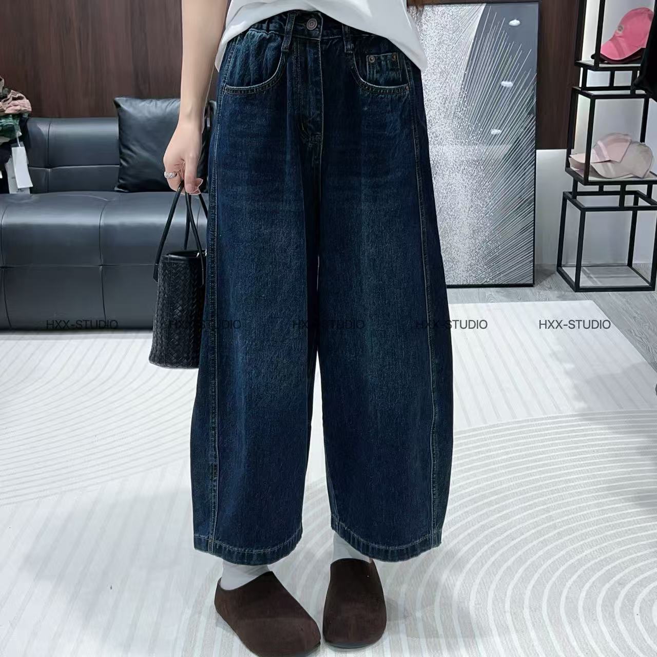 复古水洗牛仔九分裤女2025秋季新款高腰显瘦直筒阔腿裤休闲奶奶裤