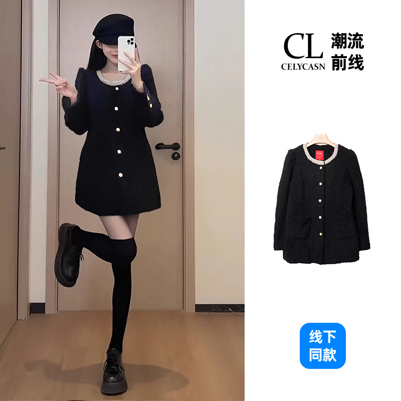 EAQF8794#秋季小香风长袖圆领西装外套女黑色宽松毛呢外套