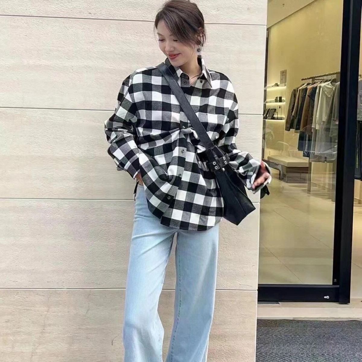 阿家专柜正品宽松男友风中长款磨毛格纹衬衫 5300911-7K14921-001