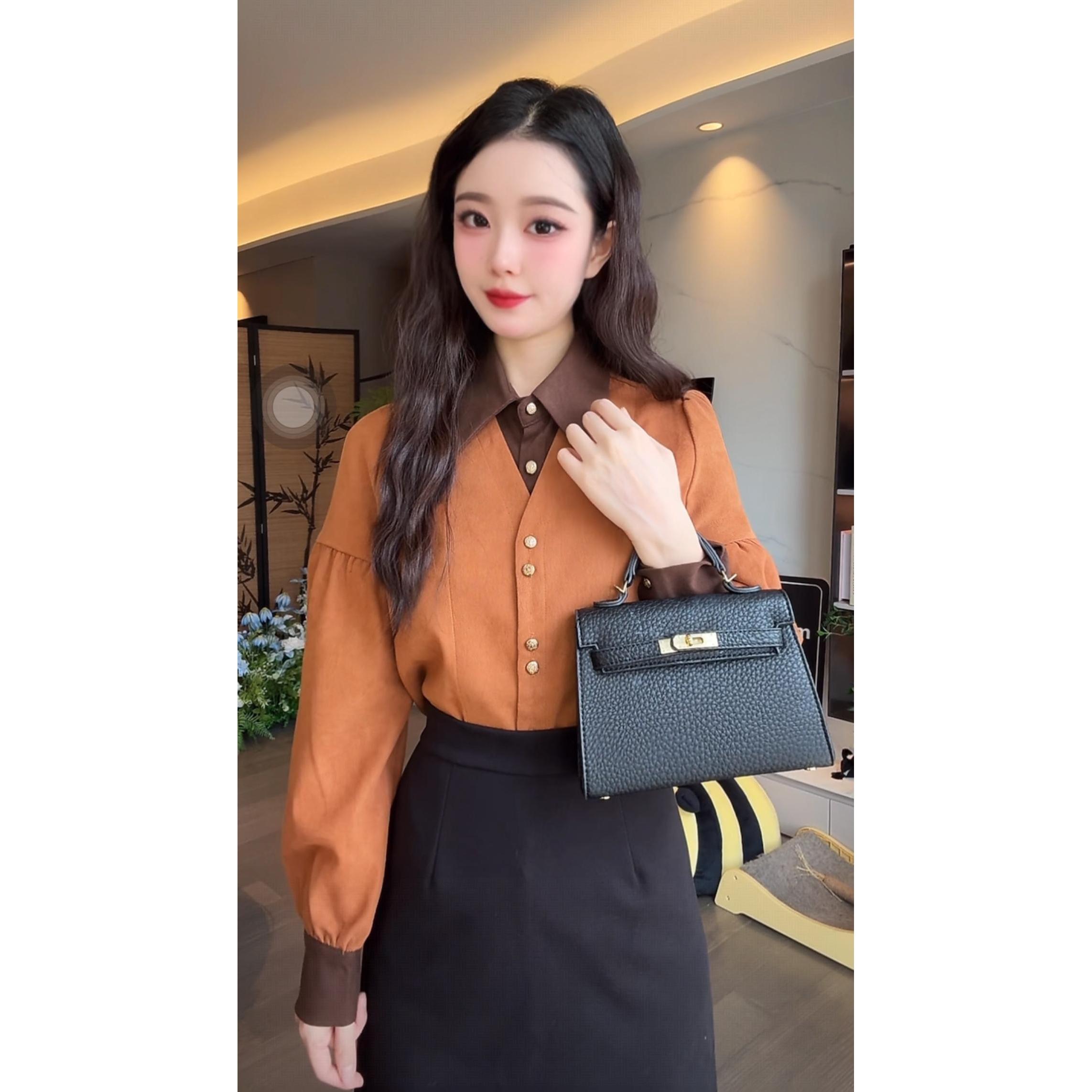 【现货现发】法式轻奢气质长袖高级拼色设计复古秋季假两件上衣衬衫