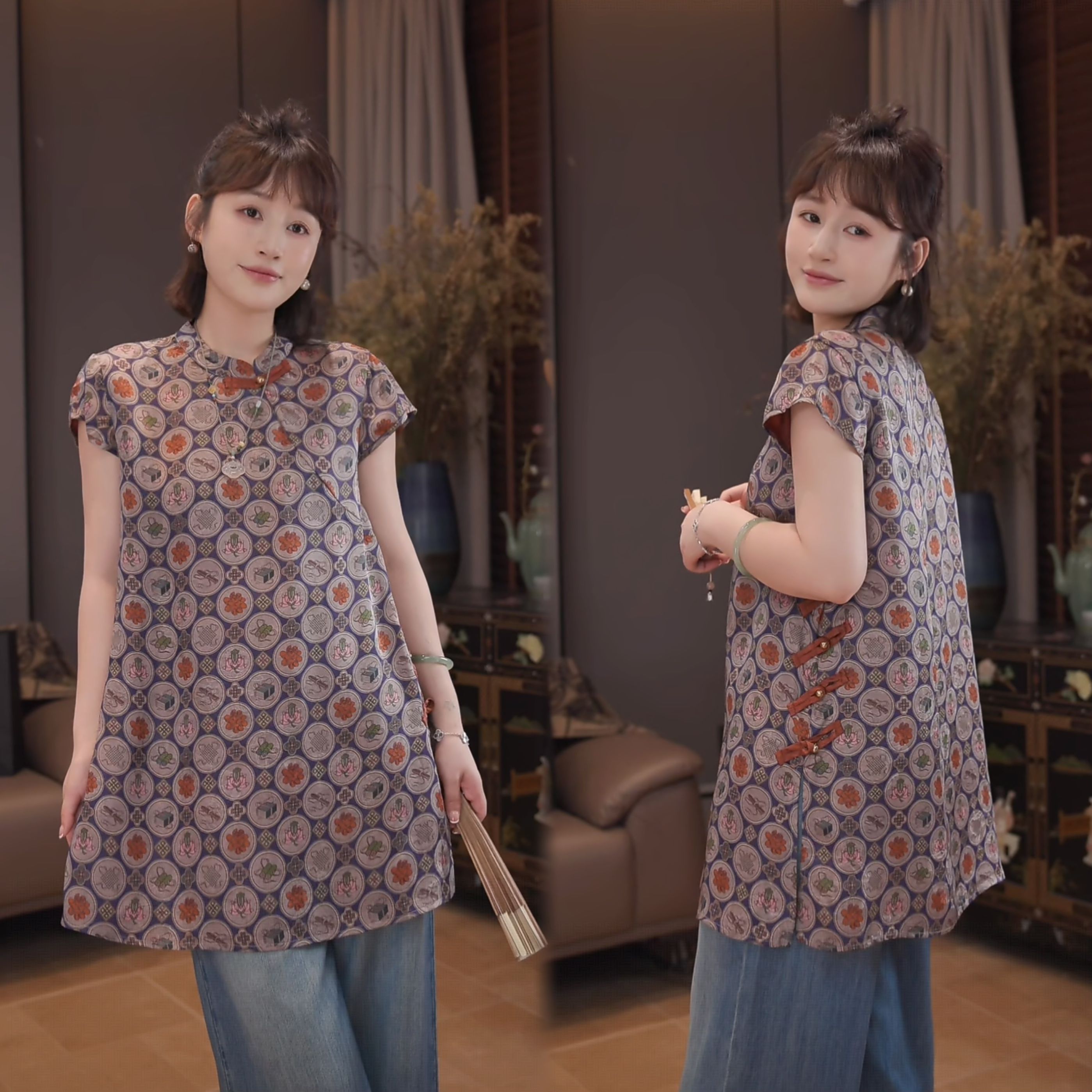 柚茗精选------{文房四宝}新中式透气短袖100人丝-D