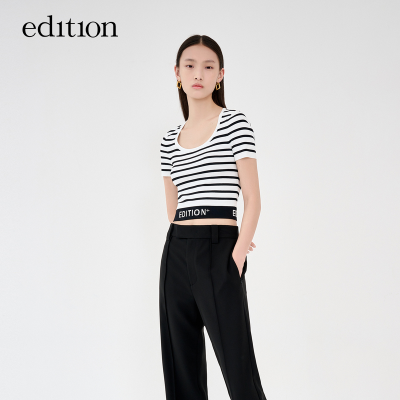 【达人专享】E+轻生活系列editionU领条纹针织上衣#EBC2SWT005