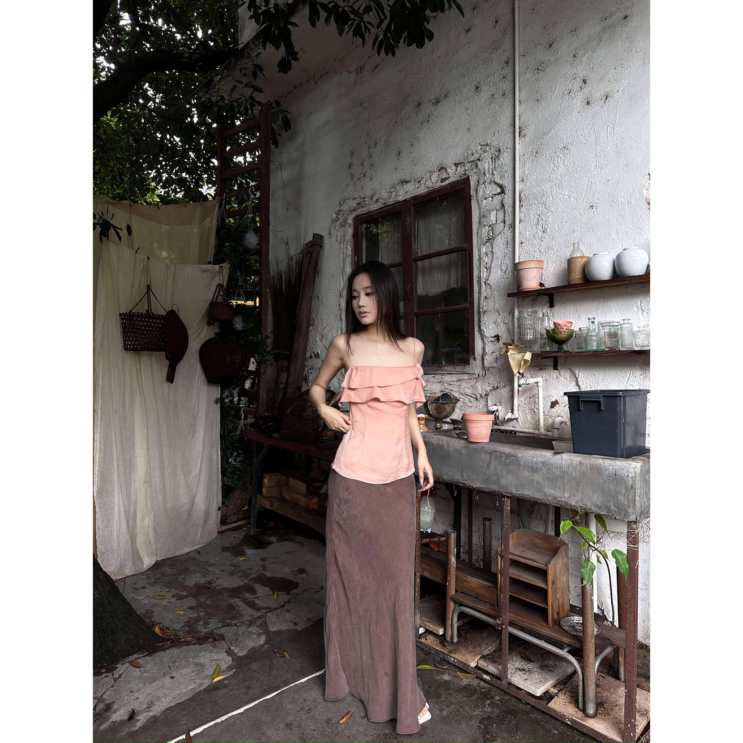 5werkwen rattan咖色包臀鱼尾半裙修身显瘦高腰长款半身裙16-14