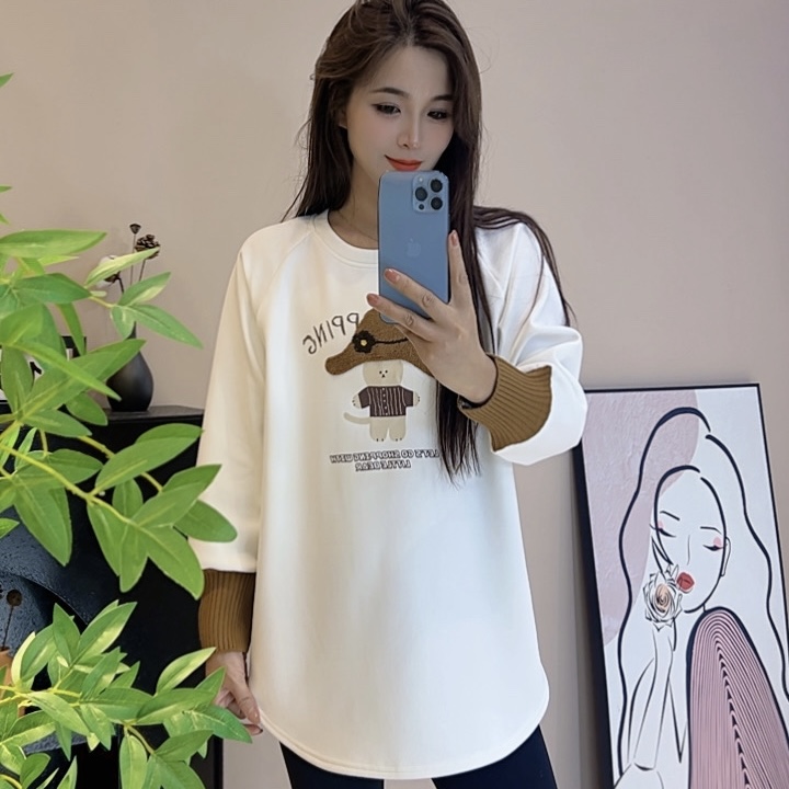 F冬季新款卡通图案字母印花针织帽设计长袖T恤上衣