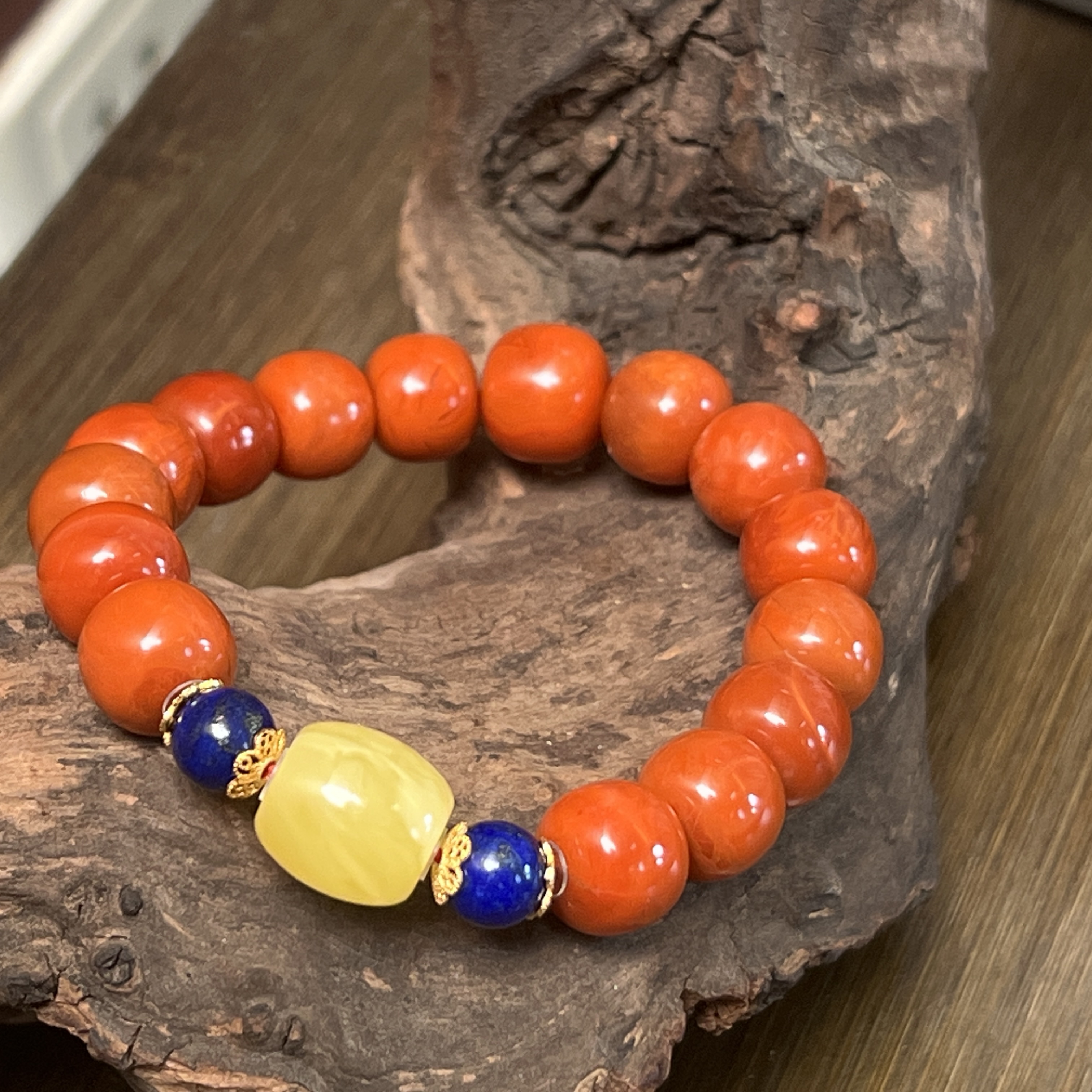 【佰万银庄】银925 南红玛瑙蜜蜡青金石手串纯手工气质百搭