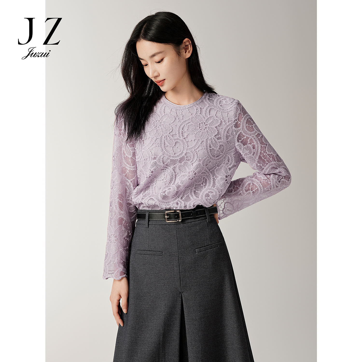 JUZUI玖姿法式优雅静奢风蕾丝亮片上衣女2025秋季新款JTFQ80103