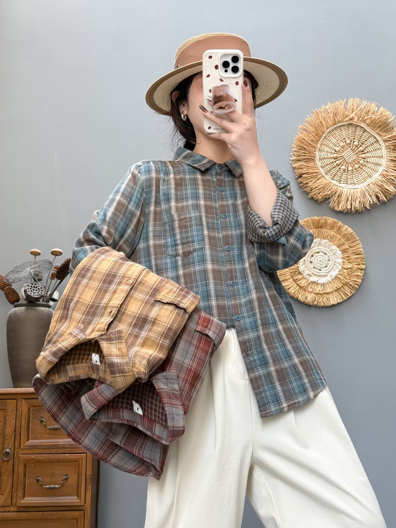 休闲秋款宽松双层棉纱格子防晒衬衫长袖格子格子衬衫
