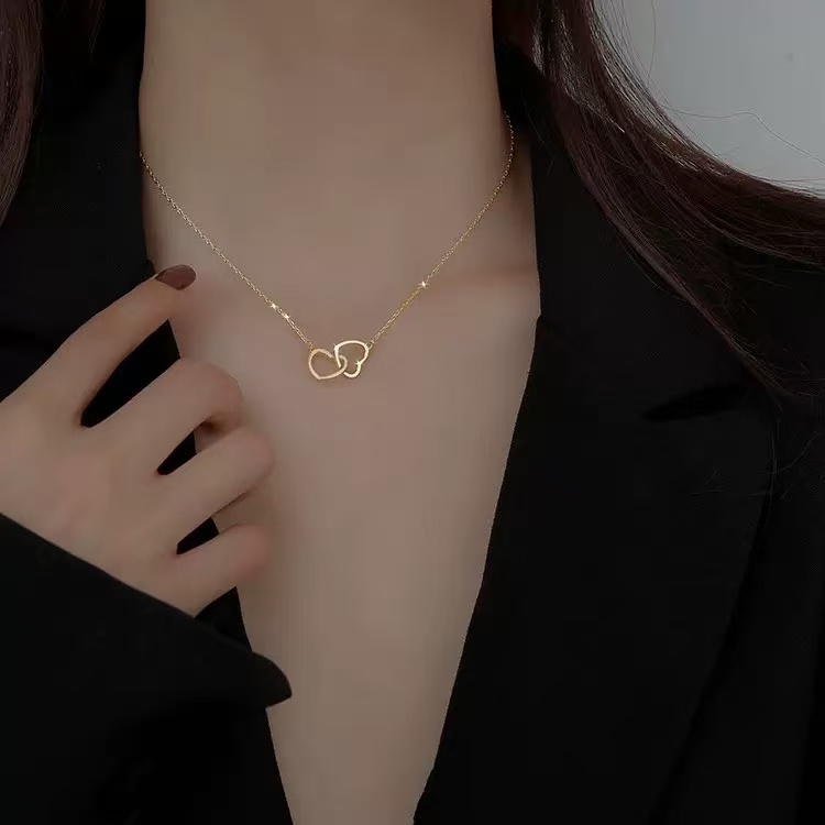 合金吊坠 【主播补贴】双环心形项链女锁骨链女项链吊坠手链