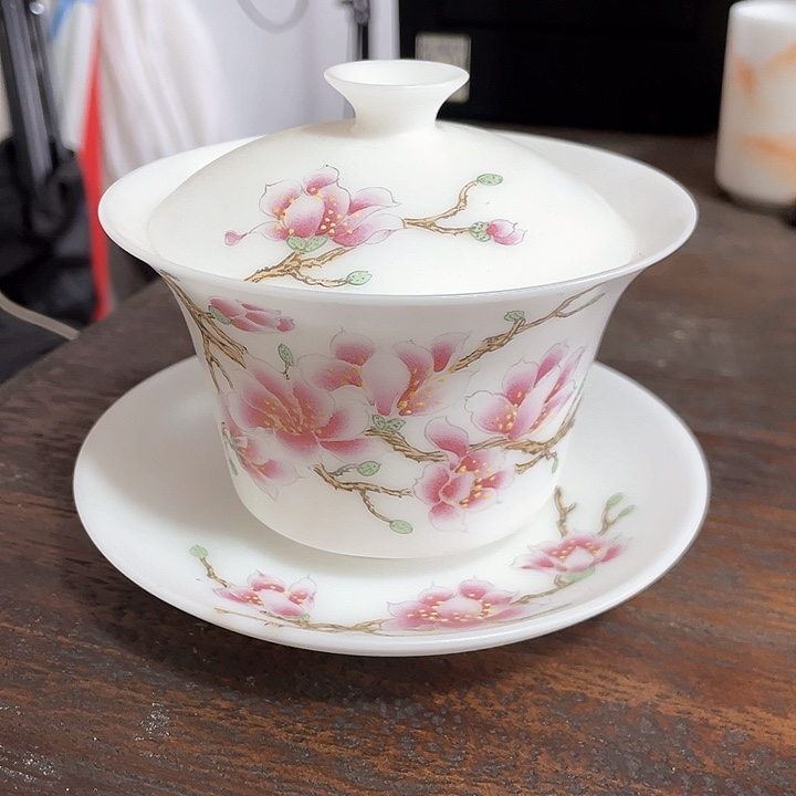 冰种素烧手绘三才盖碗