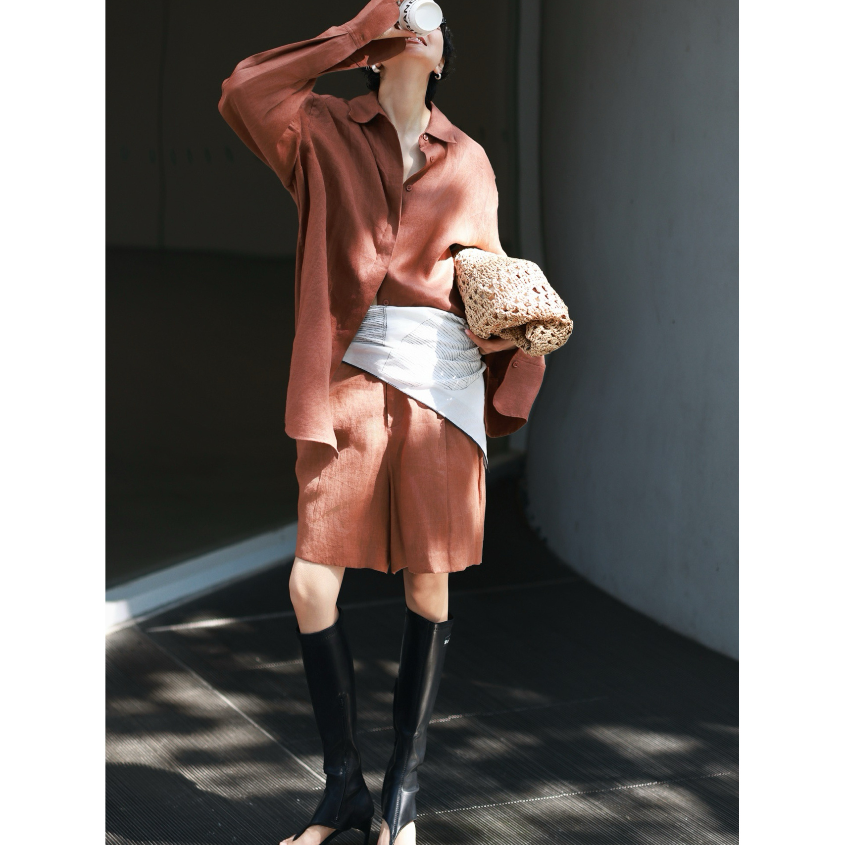 【通勤风景】暗门襟亚麻衬衫 马甲 中裤套装