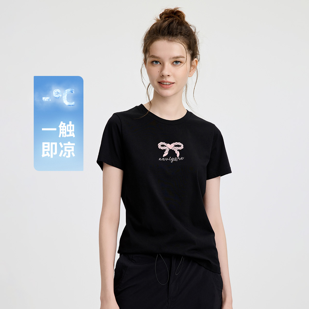 [凉感透气]navigare意大利小帆船学院风短袖圆领T恤女甜美蝴蝶结