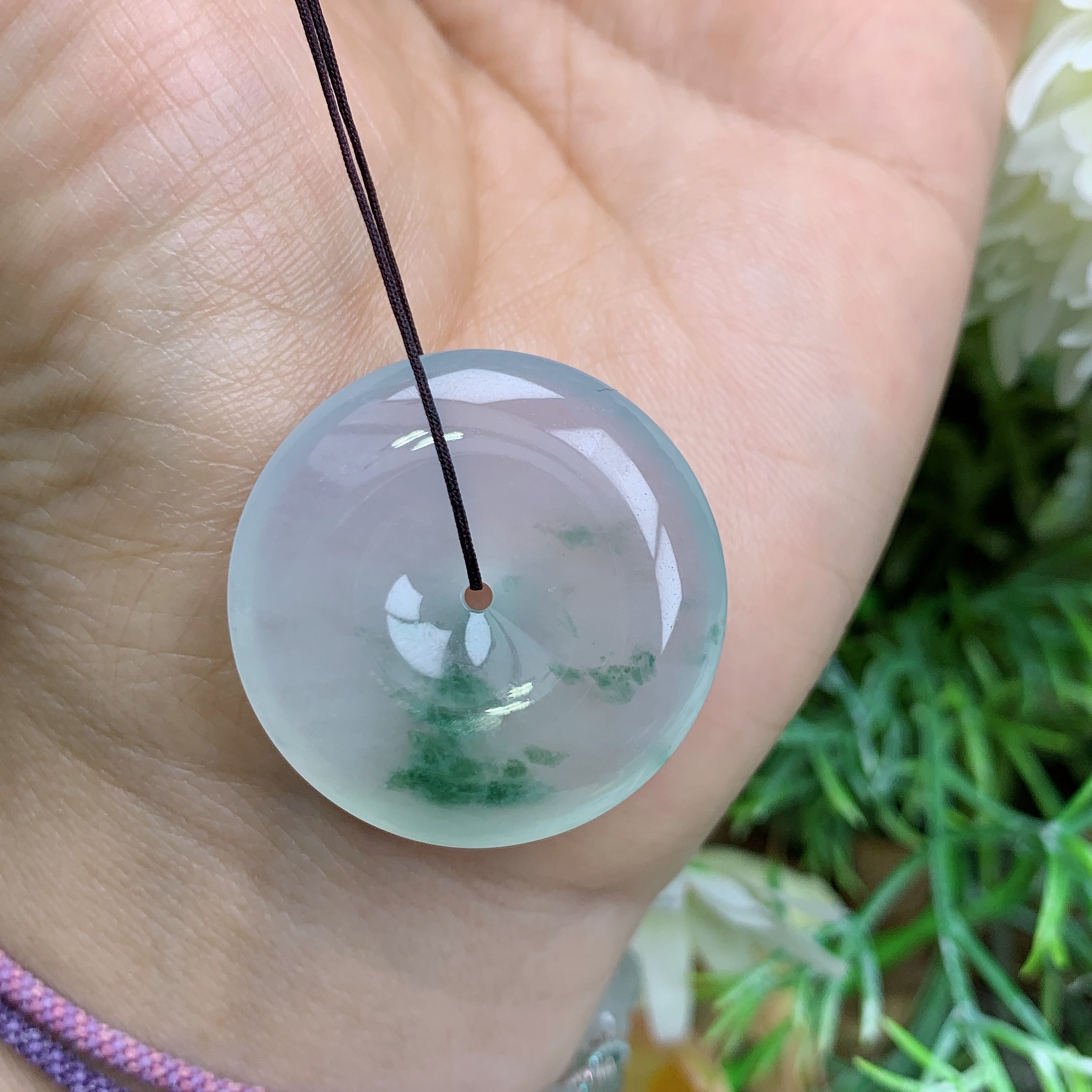 缅甸天然翡翠a货玉石高冰起胶飘花平安扣吊坠钟尺寸29.6/6.4mm