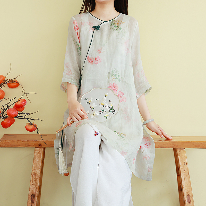 复古夏季中式国风女装苎麻上衣中长款宽松麻料T恤女盘扣小衫茶服