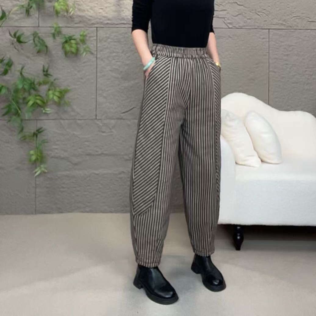 2025加绒加厚松紧腰气质条纹时尚口袋中腰小脚休闲裤哈伦裤宽松