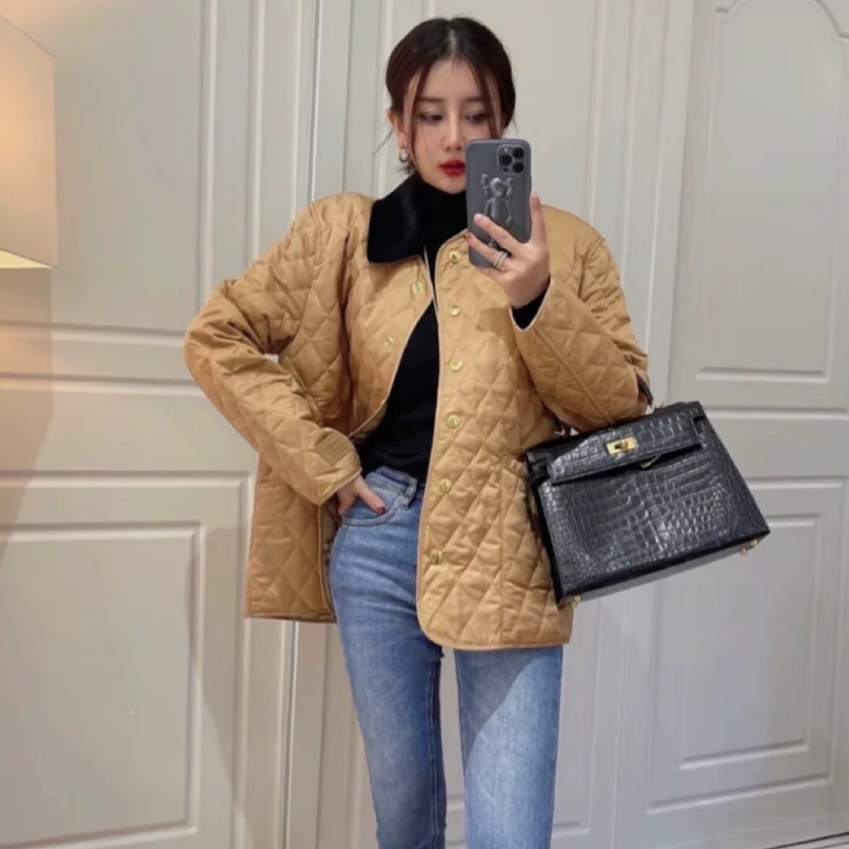 99新 BURBERRY/博柏利 S码/卡其色菱格纹翻领长袖外套/18261396