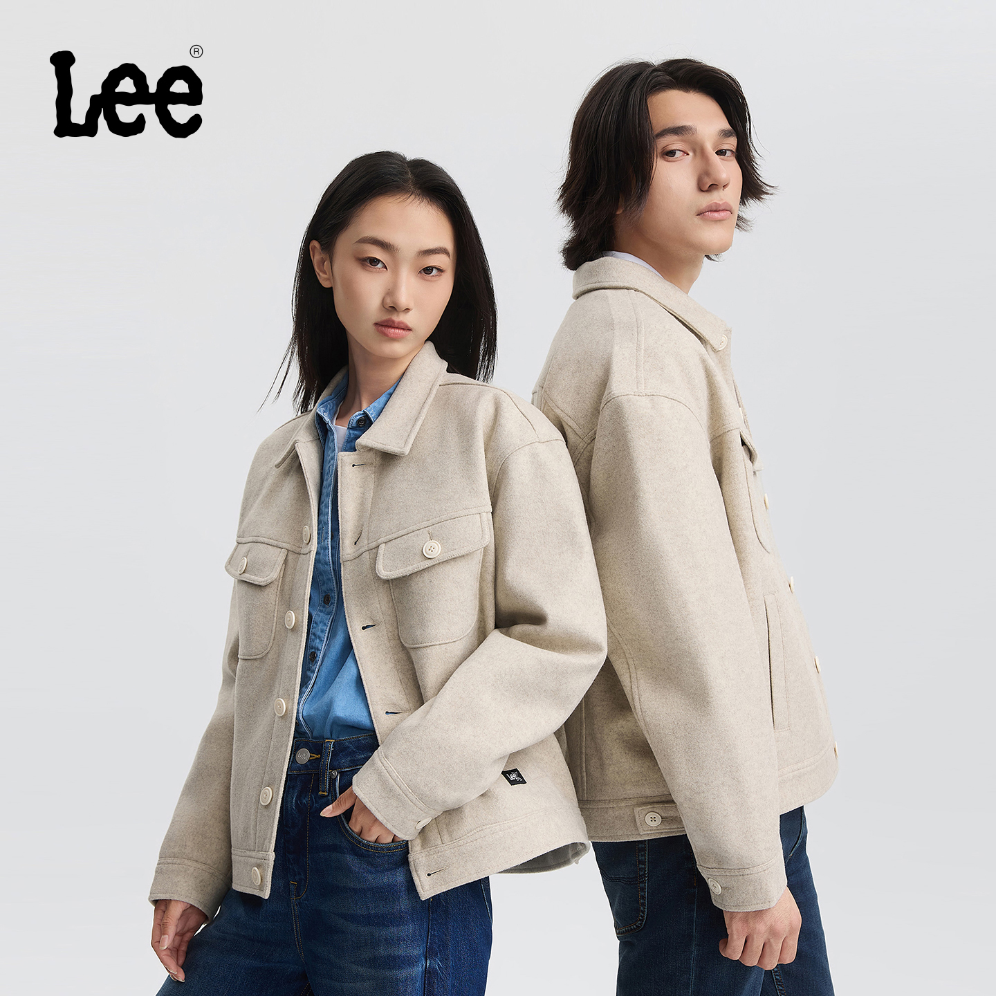 Lee25秋冬舒适版翻领羊毛质感燕麦灰男女同款棉服外套潮流