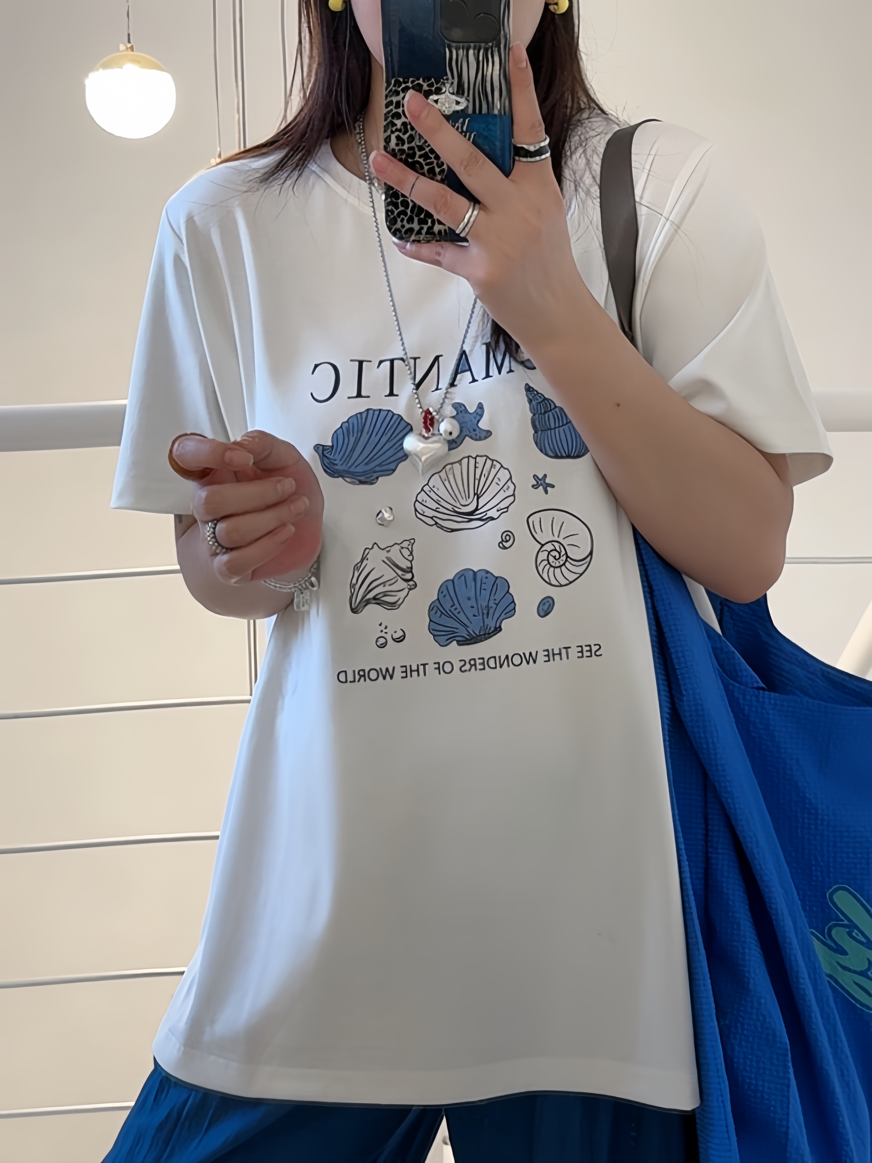 海盐贝壳T 周青青小众设计感手缝贝壳印花圆领正肩T恤棉大码女装