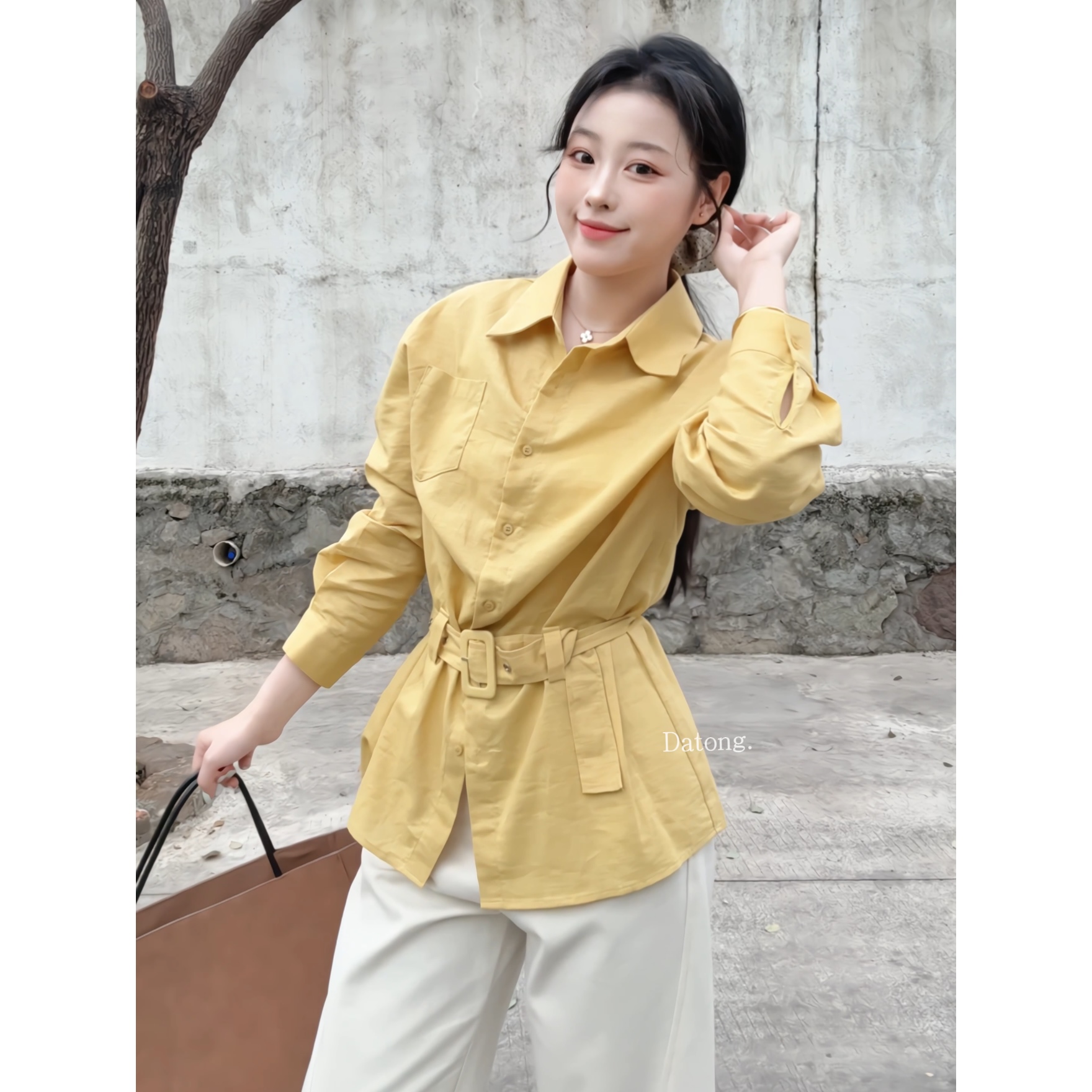 【Datong】(配腰带）纯色翻领高腰遮胯收腰带显瘦长袖衬衫