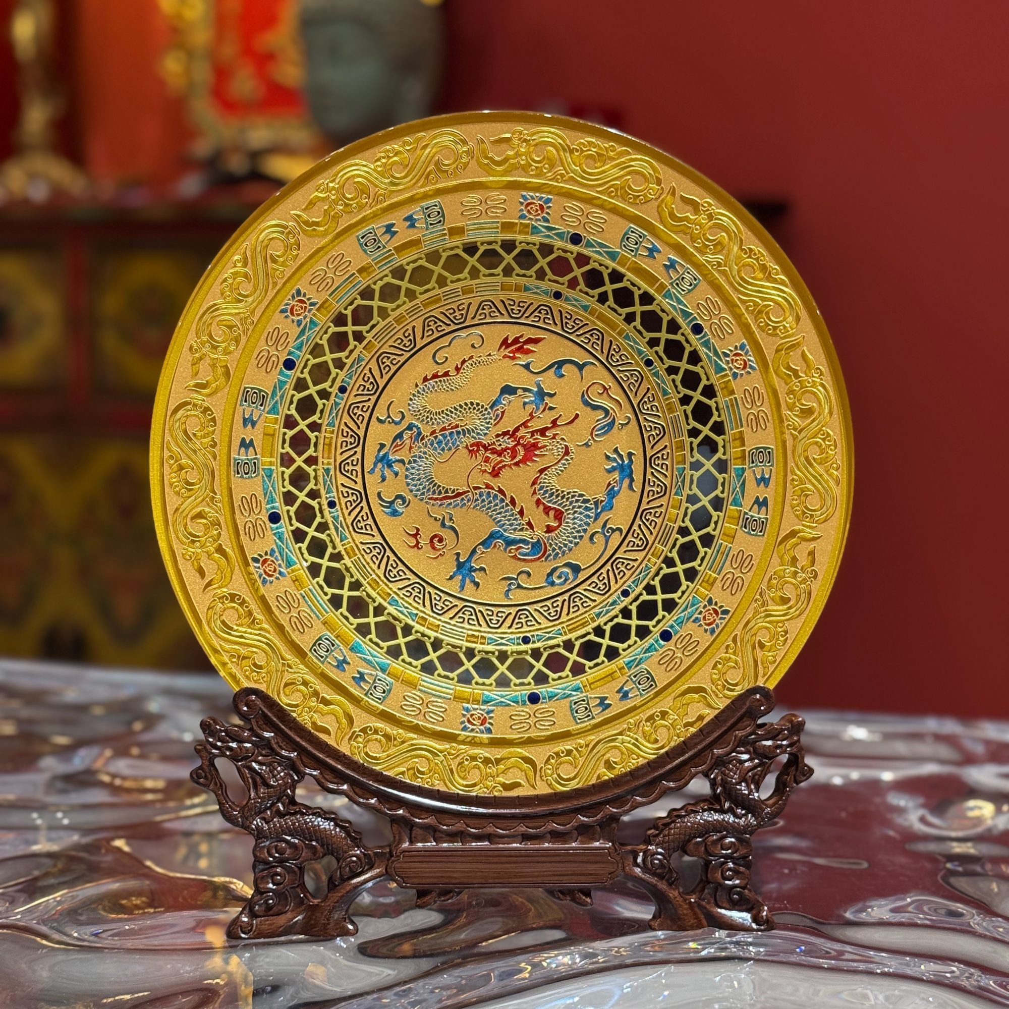 【飞龙在天】办公室茶桌摆件双面赏盘中国风复古台屏摆件 直径28CM