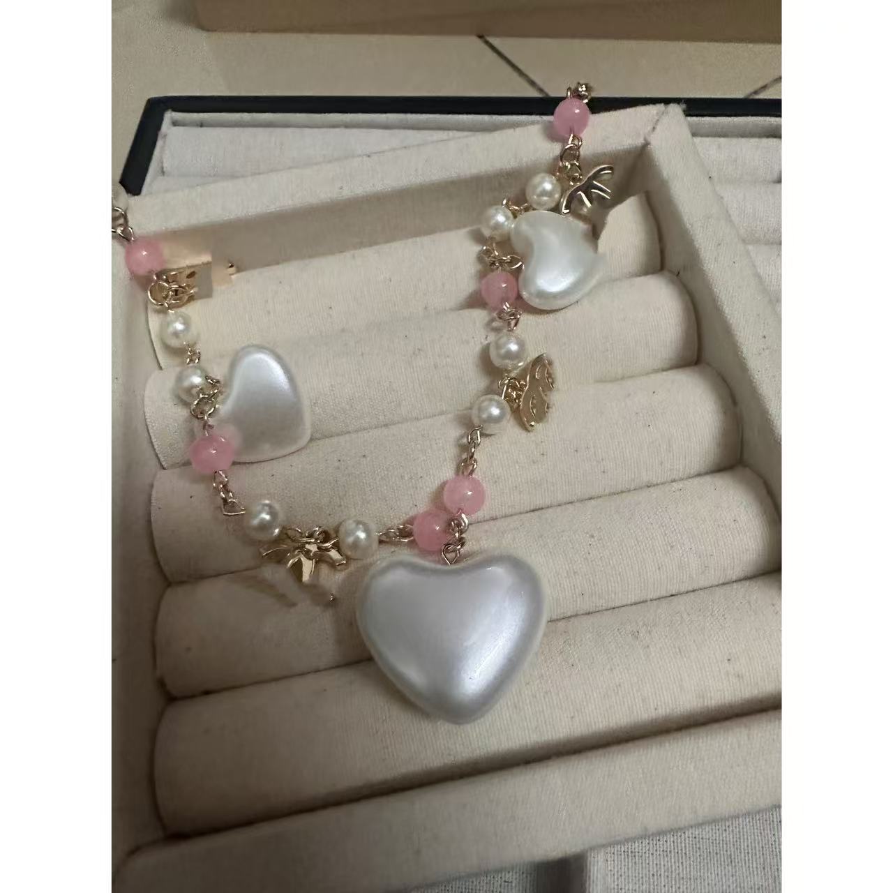 铜合金合成锆石项链 白色爱心粉色珠珠项链 00Z104