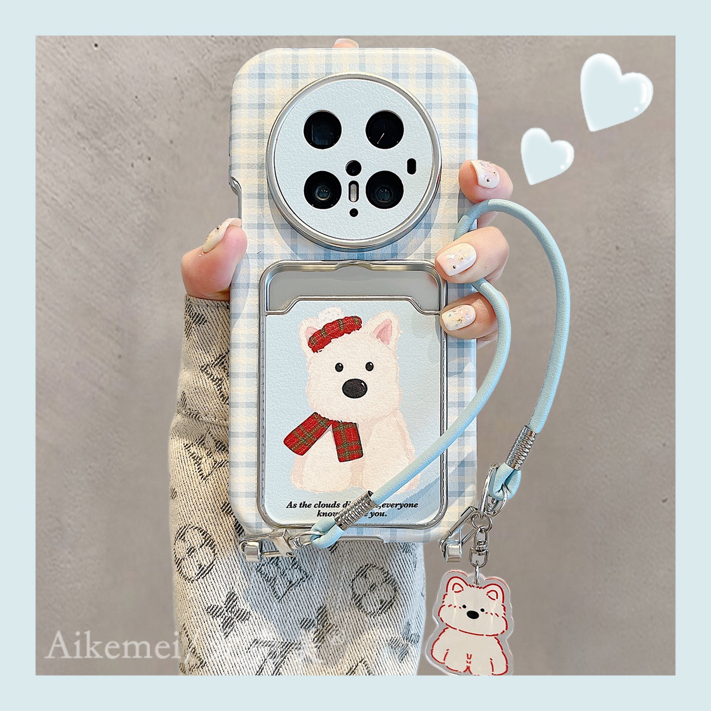 适用华为mate70pro+手机壳蓝皮质格纹mate60pro+狗狗插卡包手绳