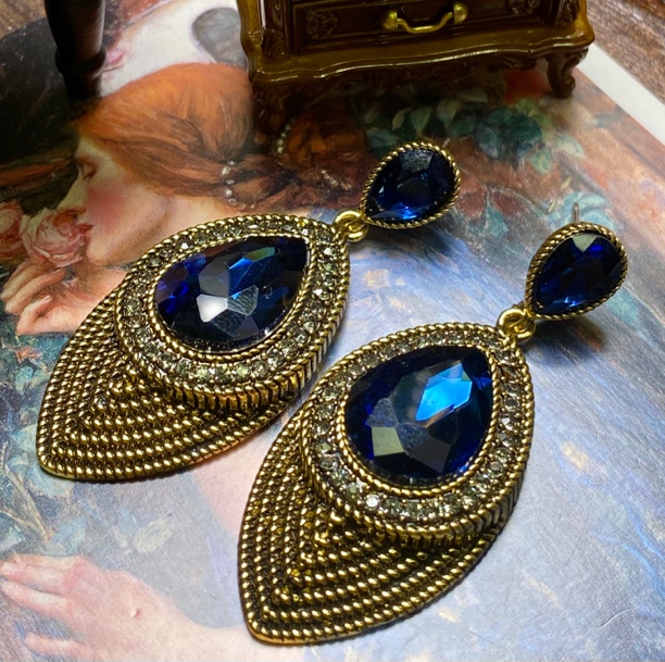 黄铜锆石耳饰 原创设计银色蓝色复古宫廷风耳环彩色气质重工首饰