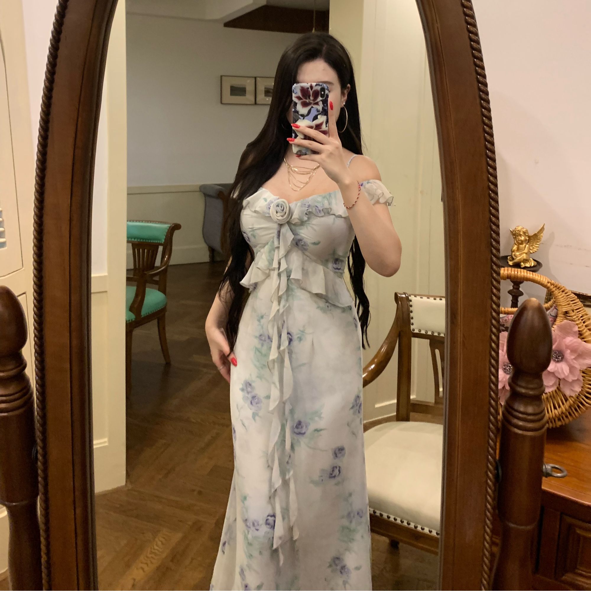 贾大猫《薄荷之夏》2026春夏新款收腰蓝绿色气质百搭连衣裙女显瘦