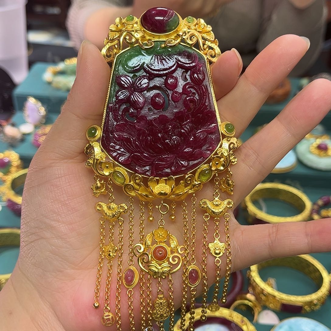 吊坠(不含链)银S925镀金镶嵌红宝石