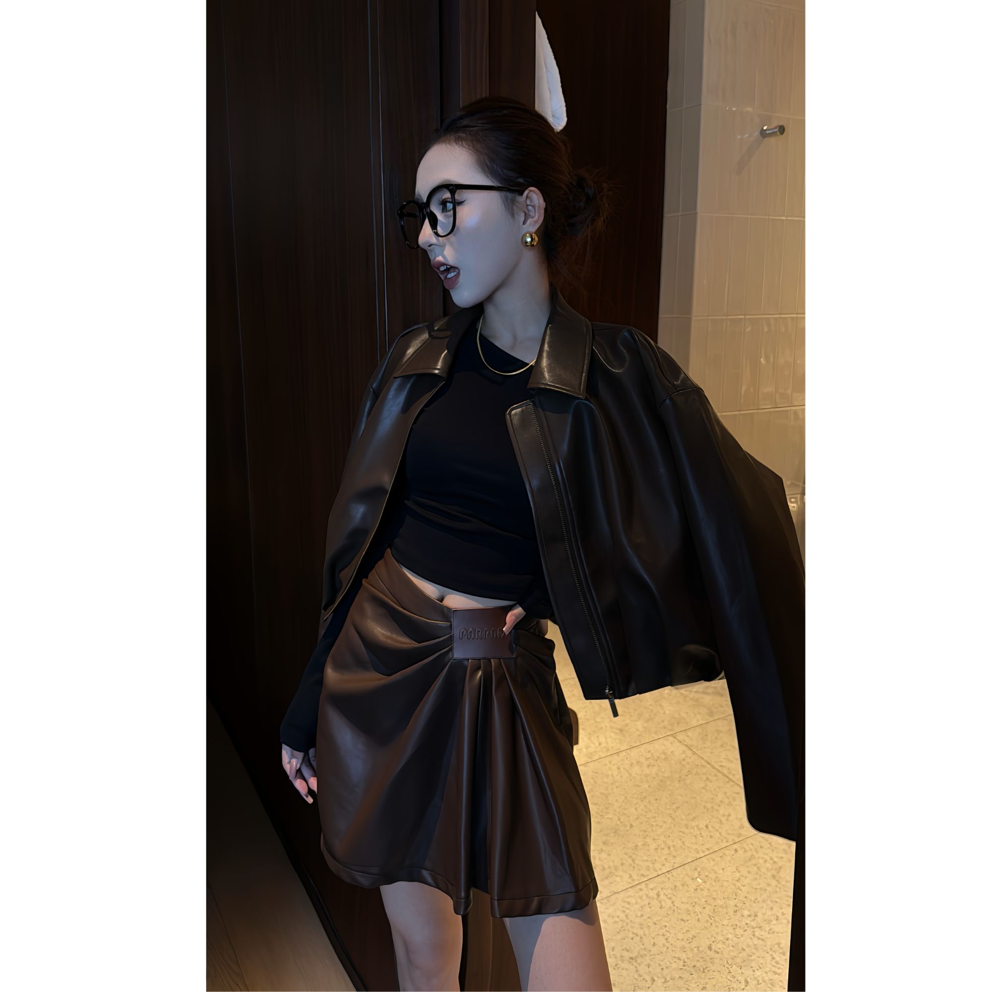 【娇娇私服定制】新款气质高定皮衣+皮裙两件套92105#