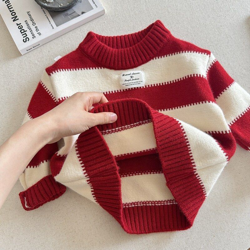 静鑫-小布熊 儿童毛衣25秋冬新年保暖针织衫宝小童条纹打底衫拜年