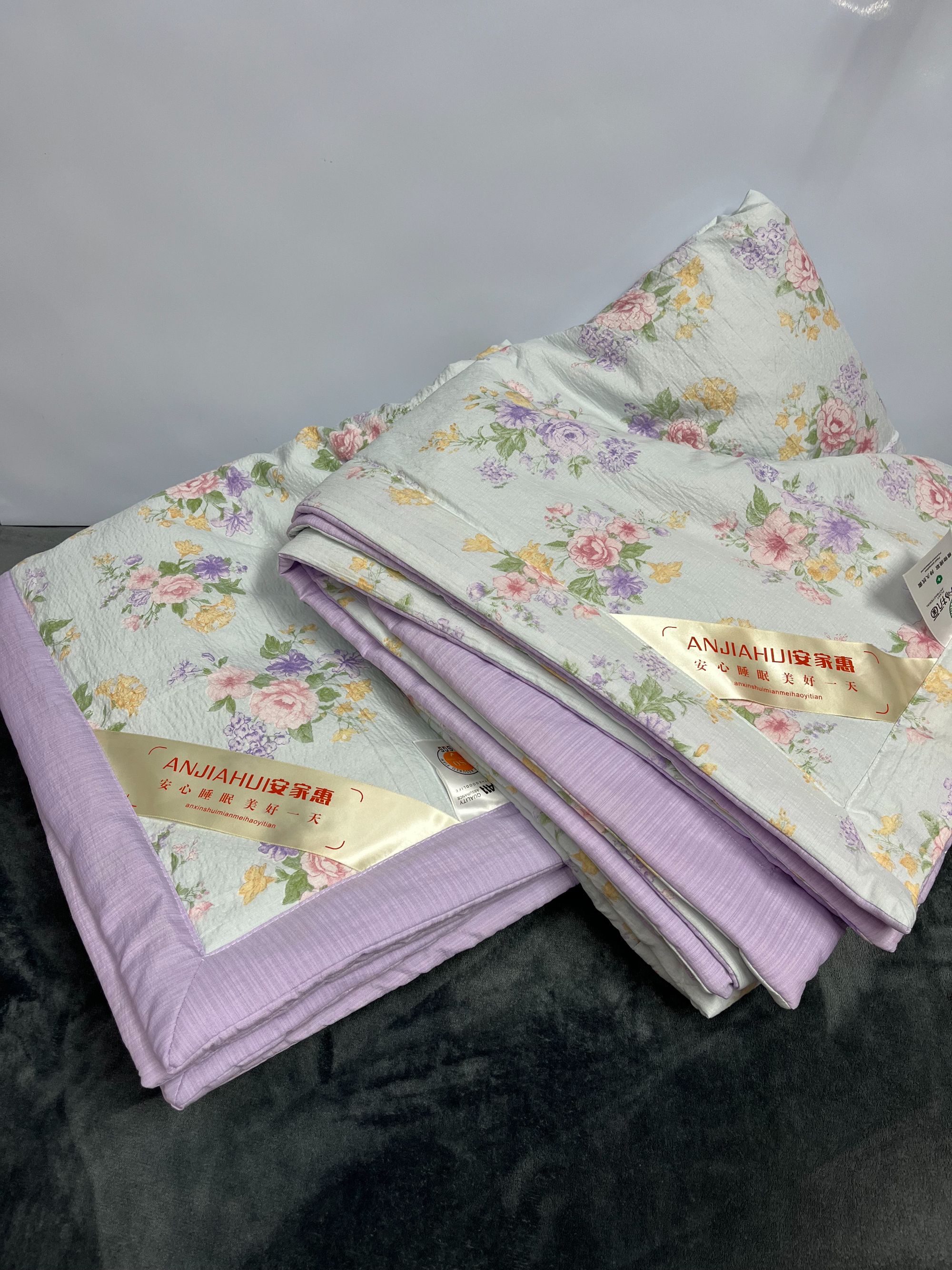 安家惠紫色花木棉皱皱纱夏被200*230cm双人空调被可机洗夏凉被