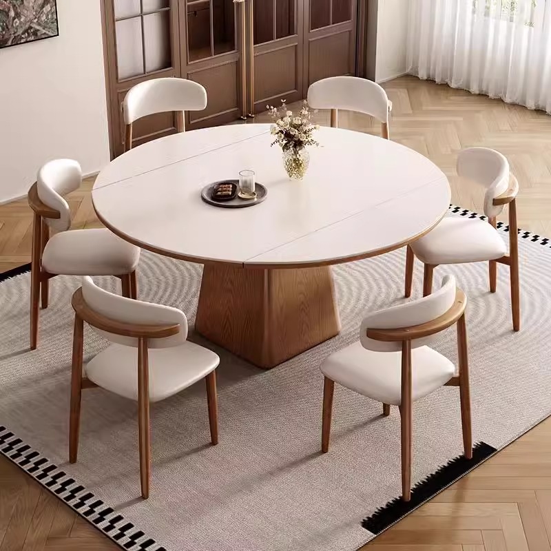 中古风实木餐桌 可伸缩家用小户型现代简约岩板方圆两用可变圆桌