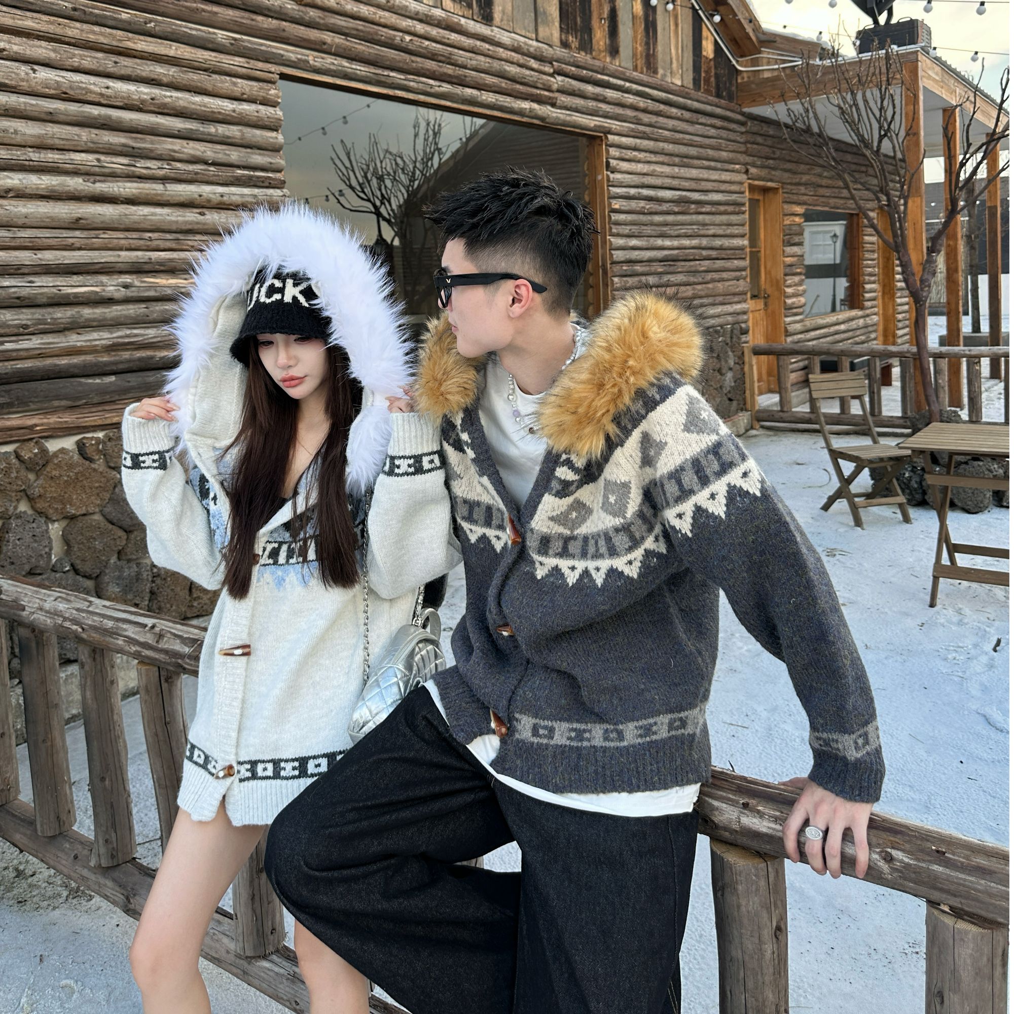 【敏敏专属】可拆卸毛领费尔岛毛衣外套女秋冬新连帽情侣针织衫外套