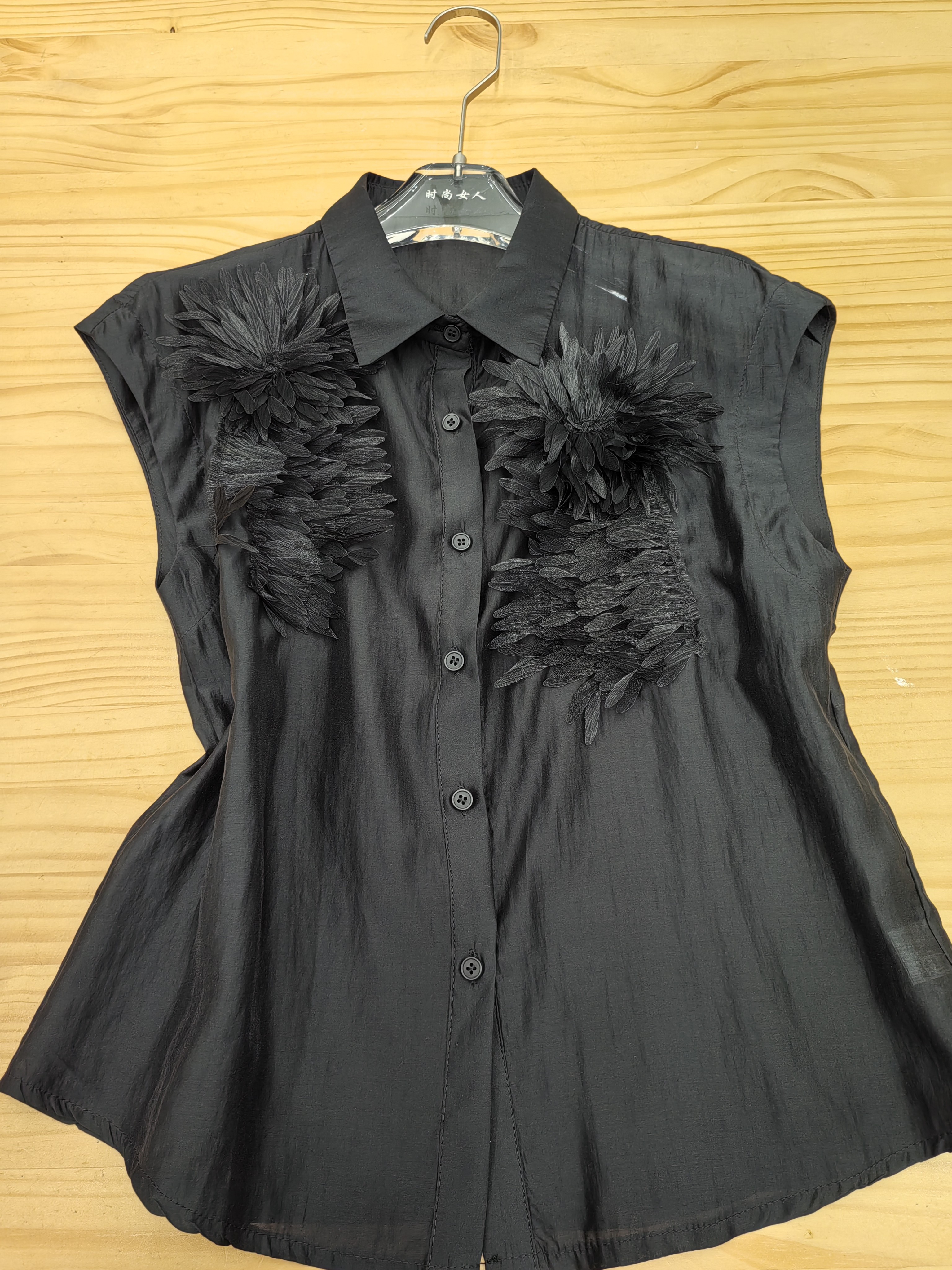 夏季新款立体花朵拼接高级感无袖衬衫女士上衣2573