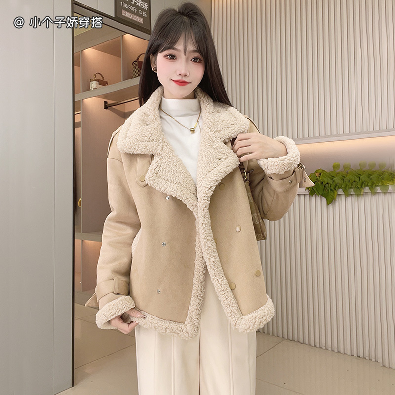 麂皮绒外套女秋冬2024新款设计感皮毛一体加厚宽松复古夹克机车服