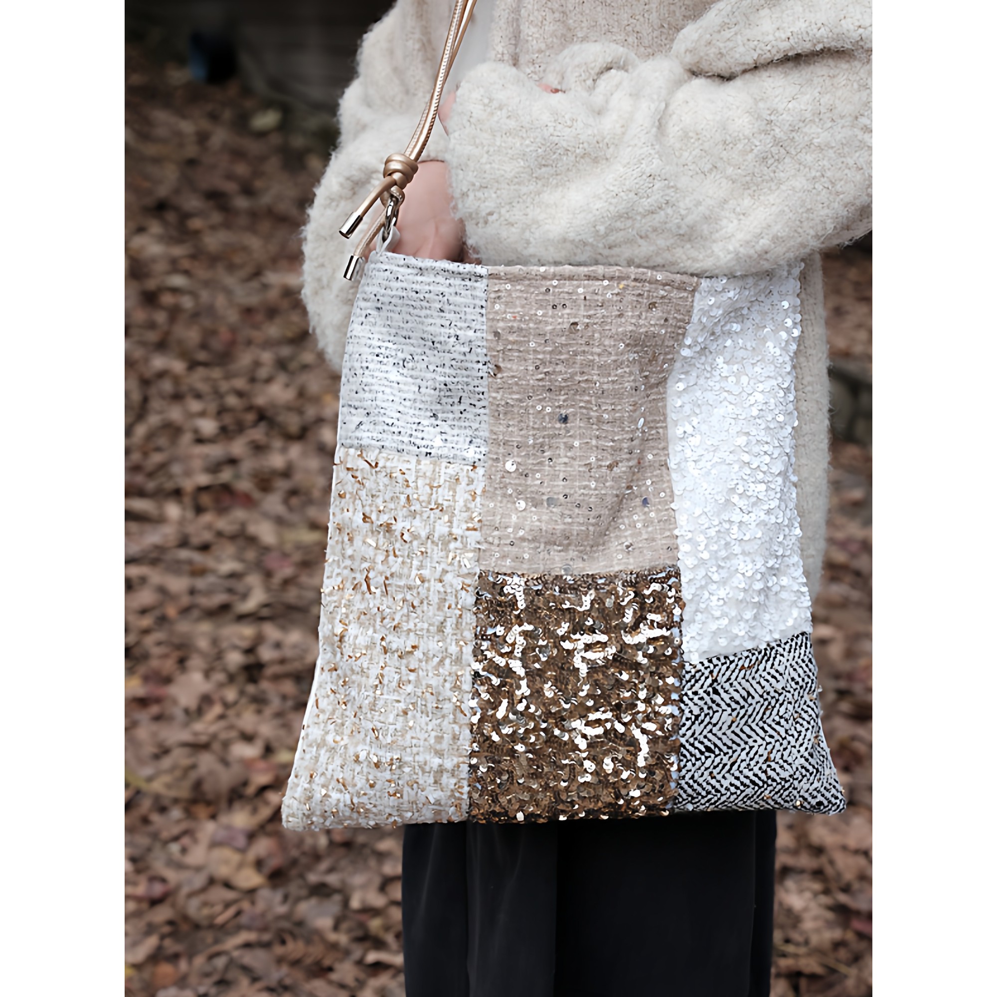 小众重工米棕六拼方可调节斜挎包女生单肩帆布包大容量小众包包