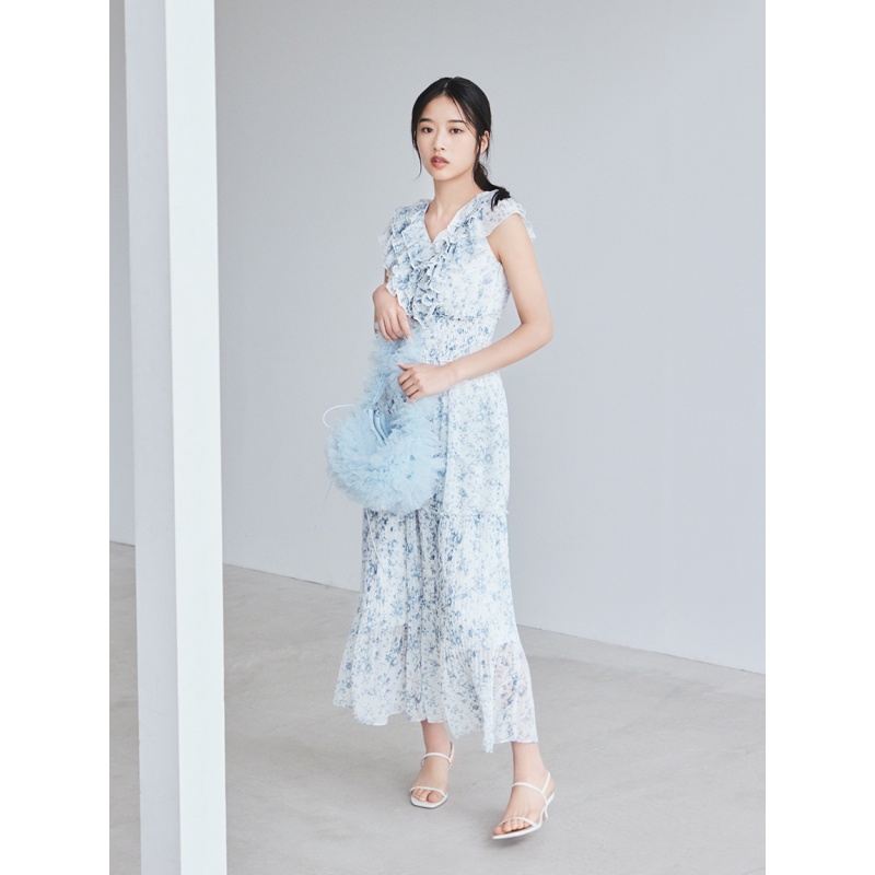 【六哥家】 夏季新款 S 气质优雅多层荷叶边印花连衣裙