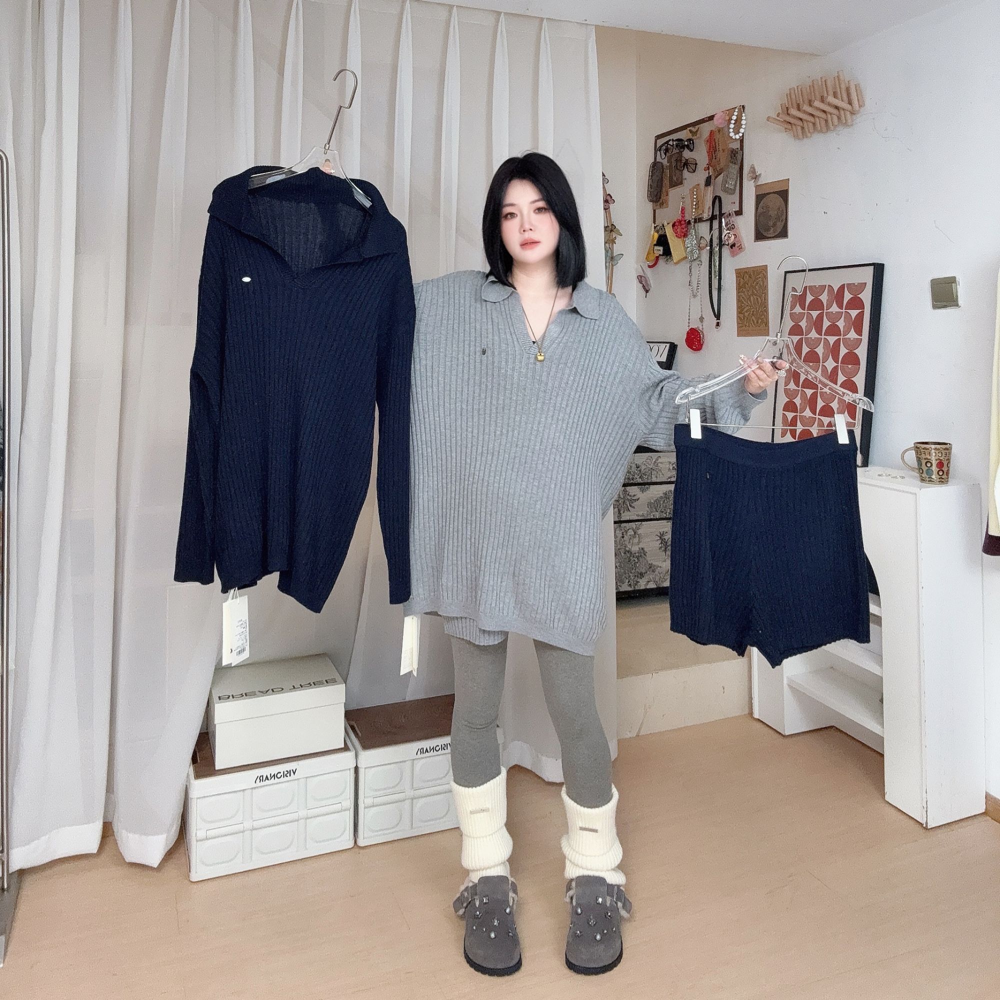 REREK 2025春新款软糯经典POLO领毛衣 松紧腰针织休闲短裤