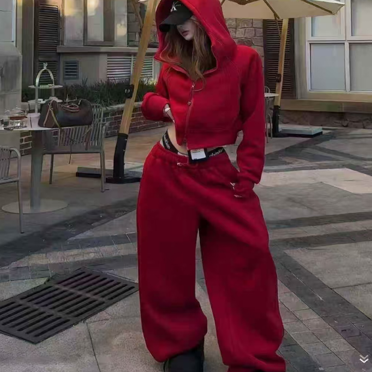 韩系慵懒风休闲时尚加绒卫衣阔腿裤两件套显瘦减龄气质百搭套装