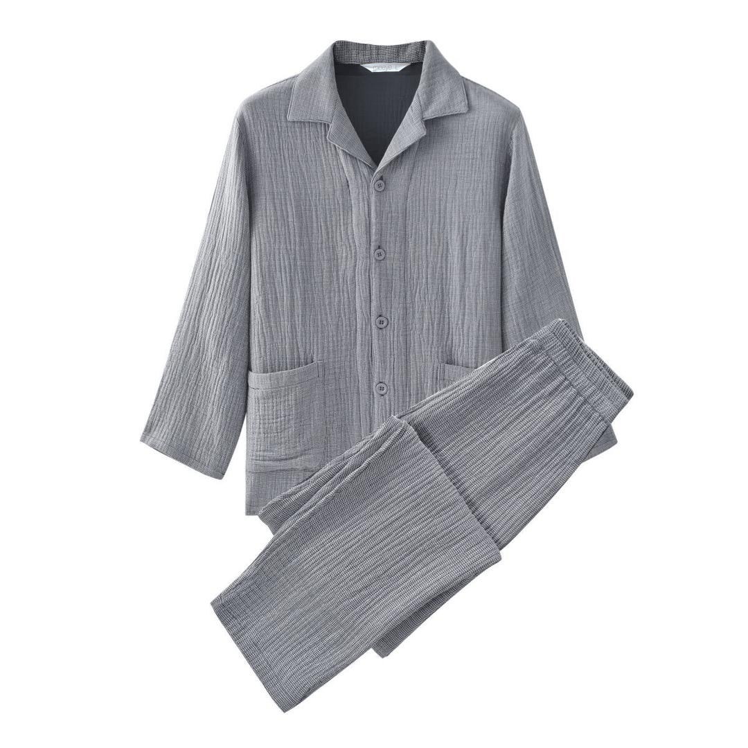 【男 新款100%纯棉四层纱】全棉纯棉秋冬长袖男士套装保暖搭子舒适@