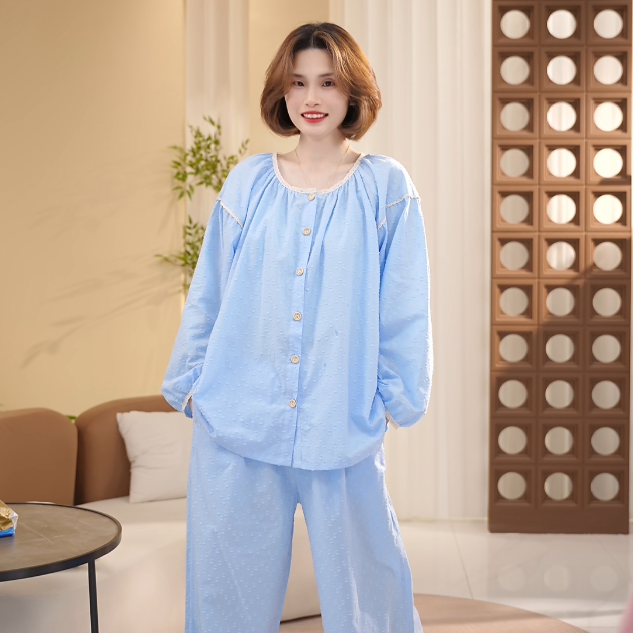 芙蓉世家【蓝调】高端剪花工艺提花纯棉家居服套装可外穿
