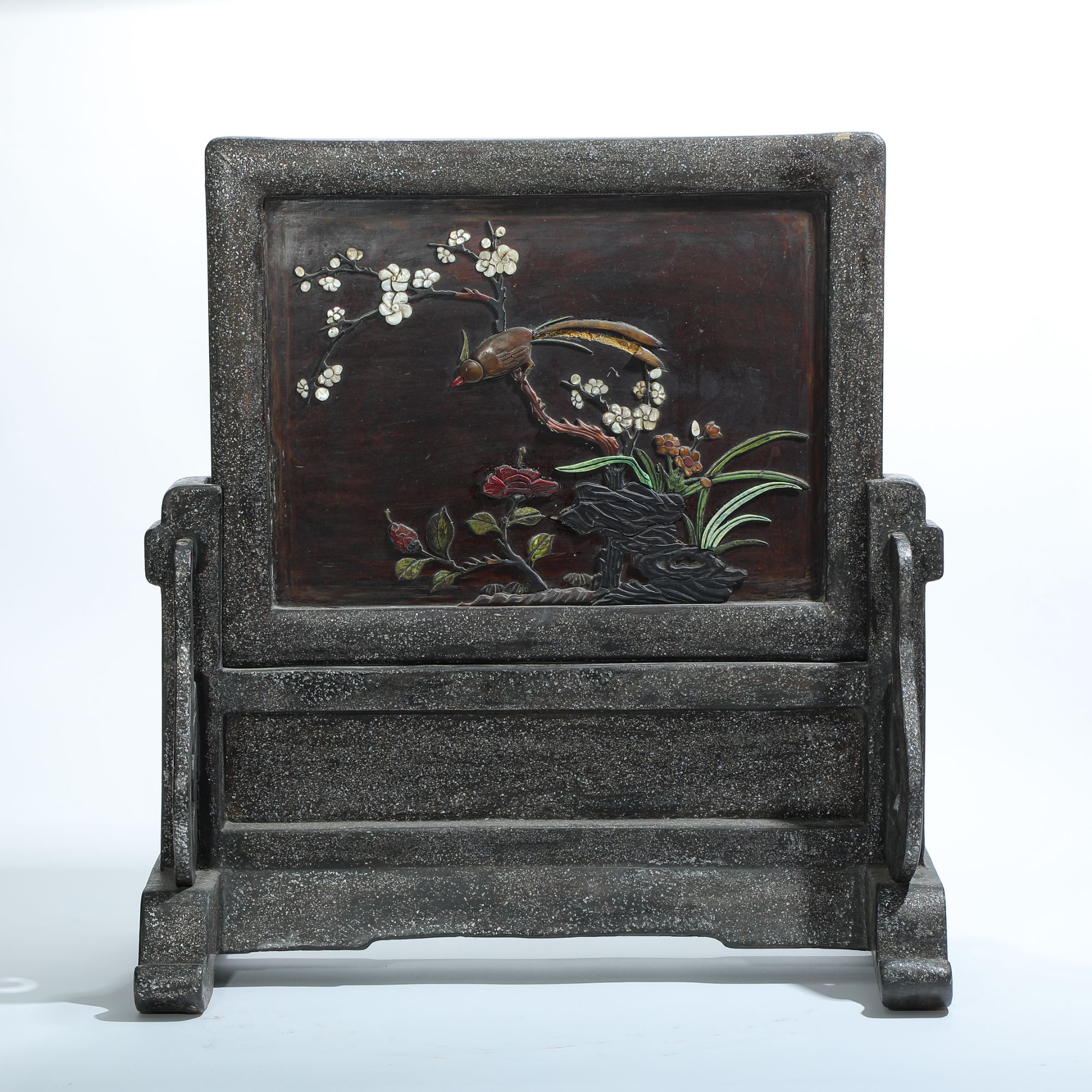 7. 清早期 黑漆洒螺钿百宝嵌花鸟图插屏【古董拍卖】