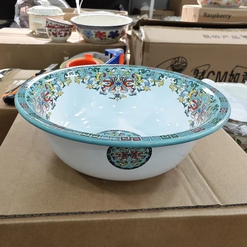 外贸20特厚绿沟莲搪瓷小汤盆1个