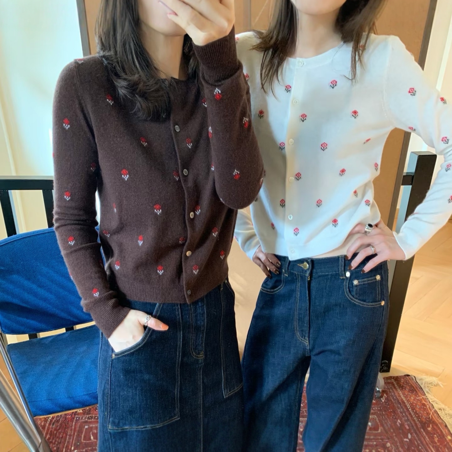 【现货】大米家碎花羊绒小开衫设计师品牌单排扣绣花重工上衣刺绣