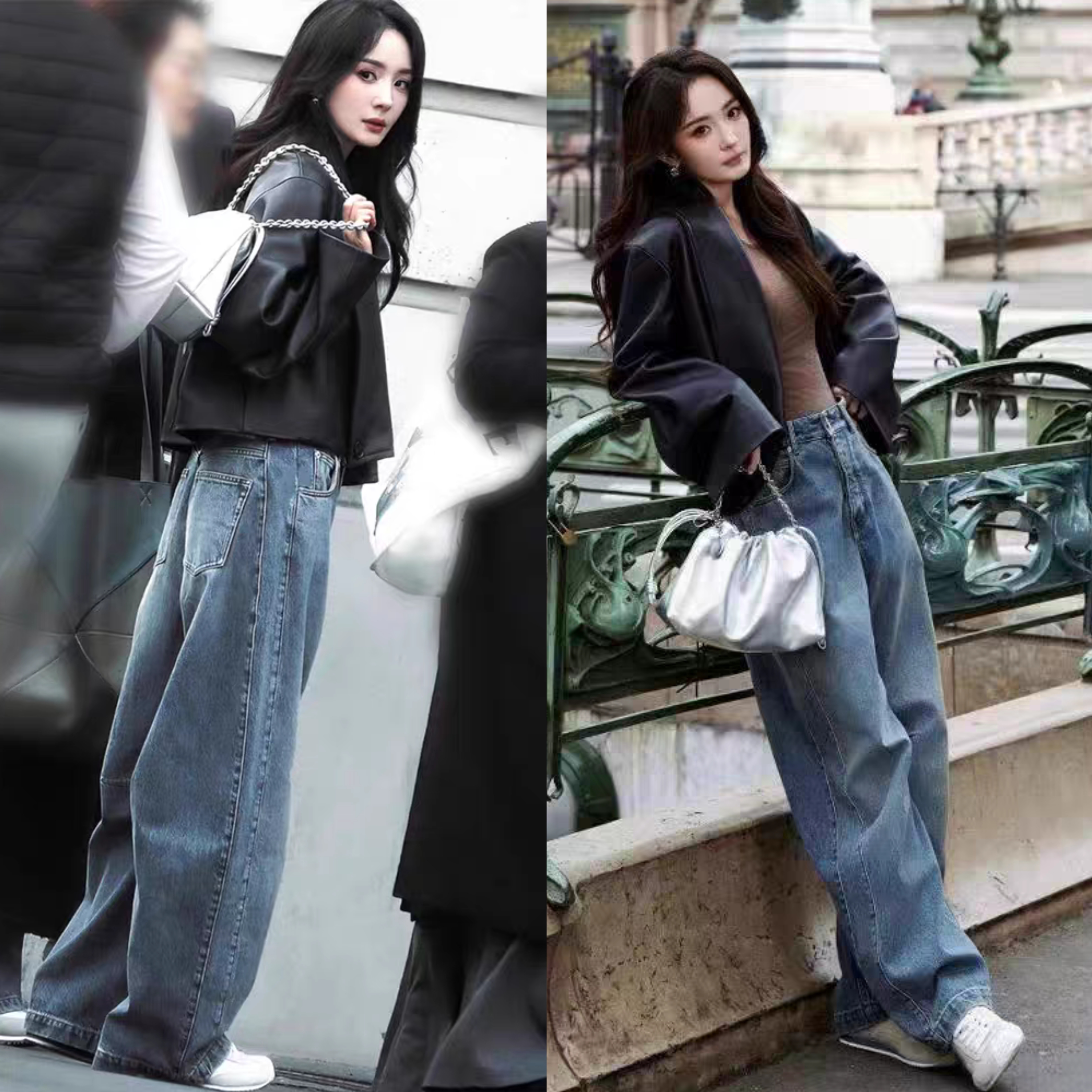 杨幂同款蓝色阔腿牛仔裤2025春季新款复古高腰显瘦宽松直筒裤子