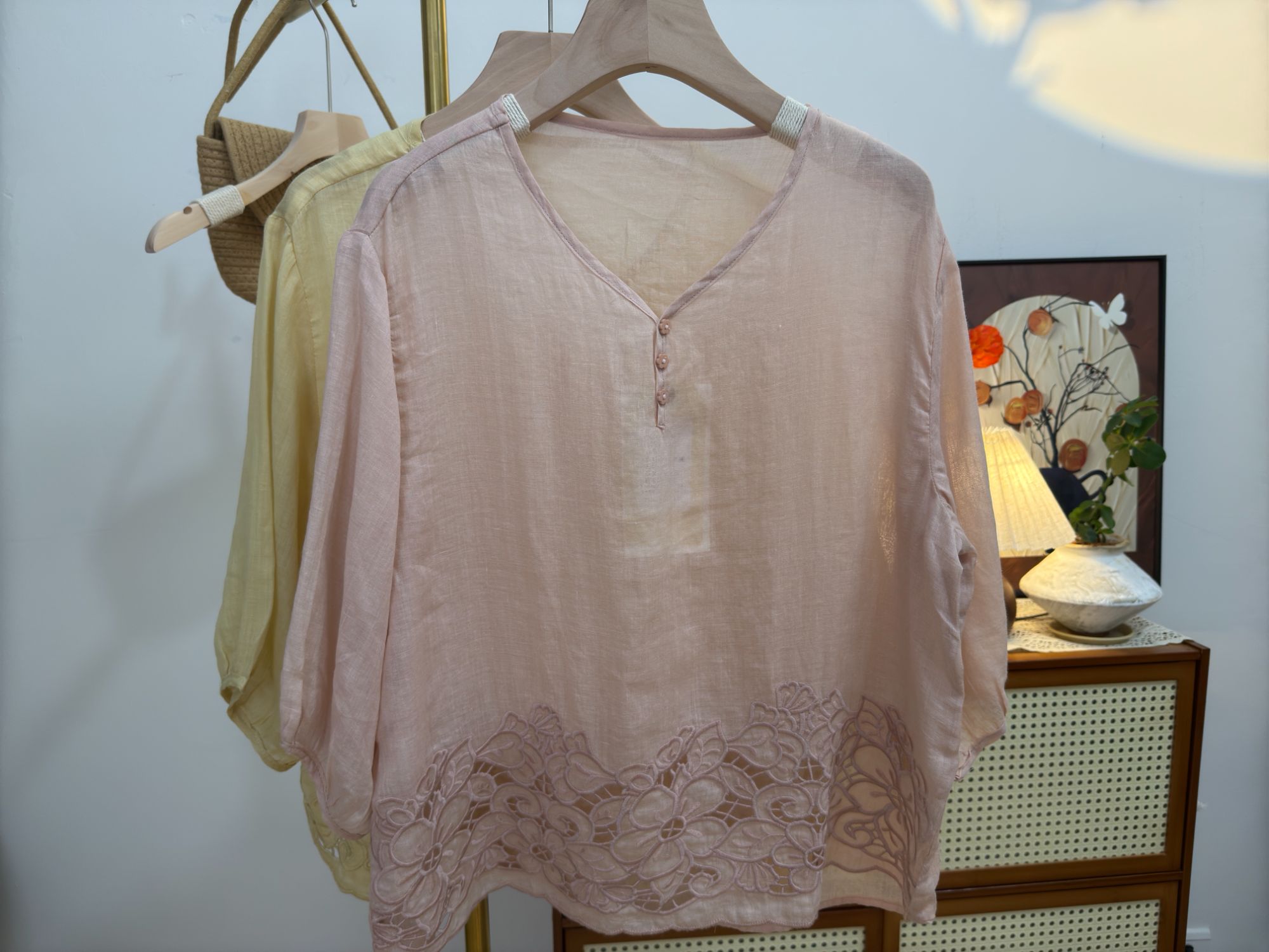 【100%苎麻】重工刺绣2025夏季新款女装上衣小衫宽松显瘦镂空衬衫