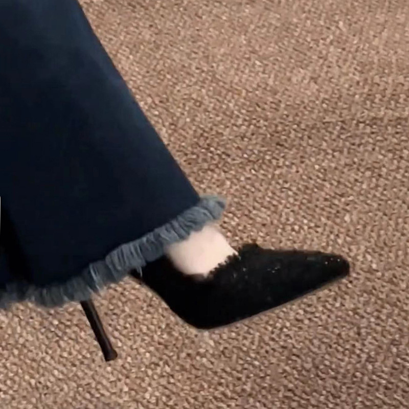 黑色编织v口高跟鞋秋冬2023新款小众尖头气质单鞋小香风细跟女鞋